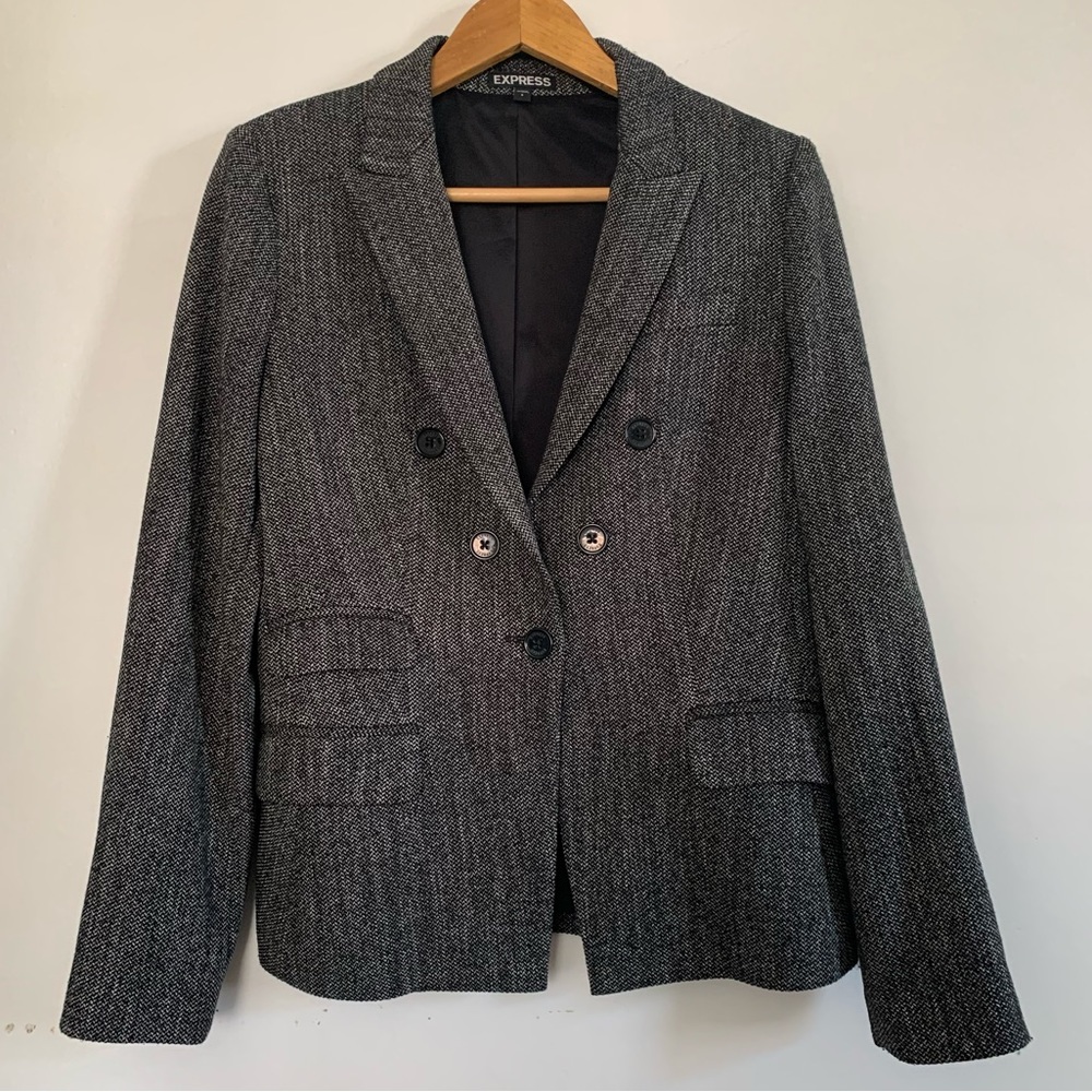 Tweed Style Single Button Blazer in Black and Grey - Size 6